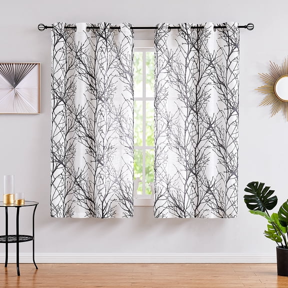 Decoultimatex Black White Semi Sheer Window Curtain Panels Tree Branch Print Linen Textured Sheer Window Drapes for Living Room Bedroom, Grommet, 52"x63"x2