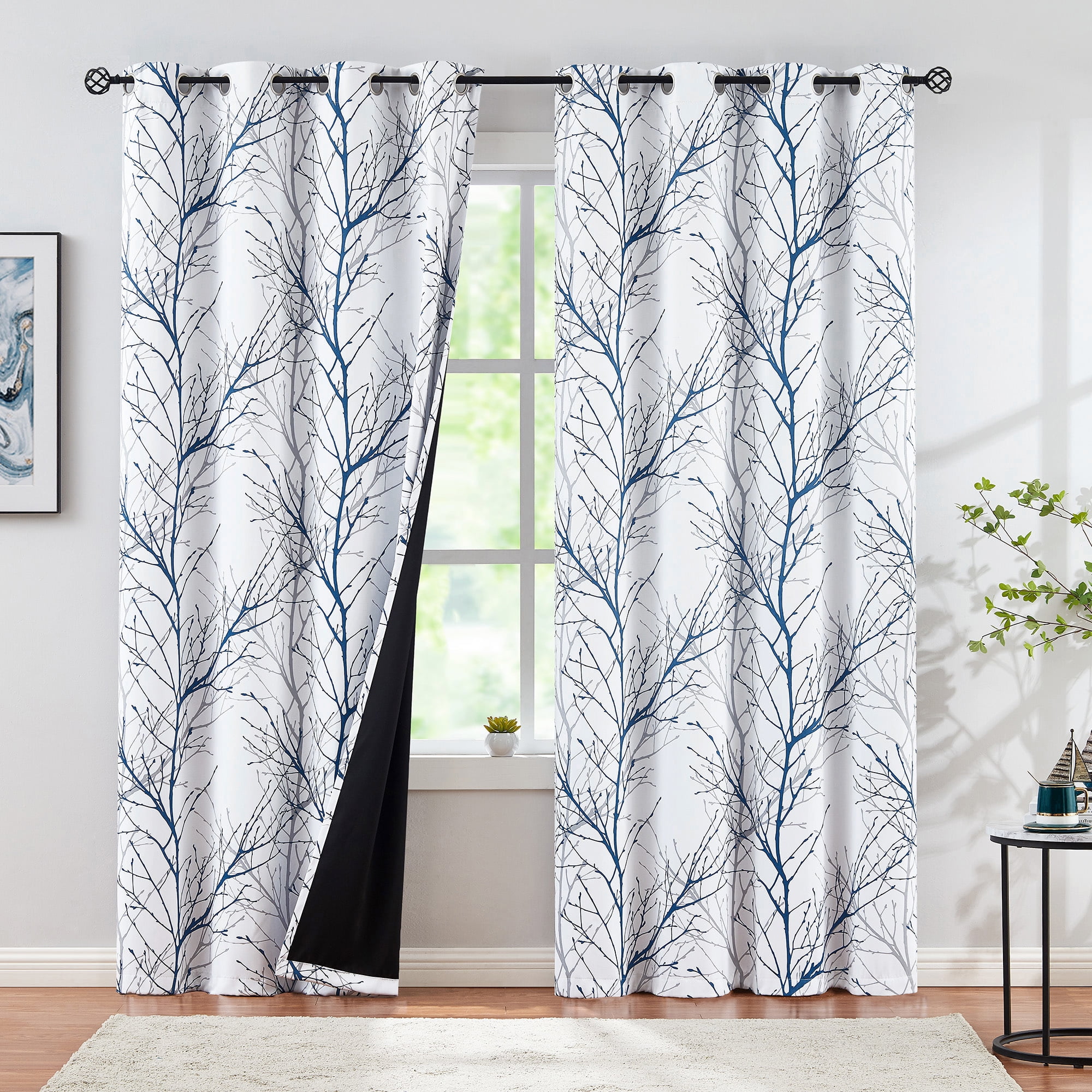 Decoultimatex Blue White Branch Blackout Curtains for Bedroom Triple Weave Energy Saving Full Blackout Window Curtains for All Seasons, 52"x96"x2