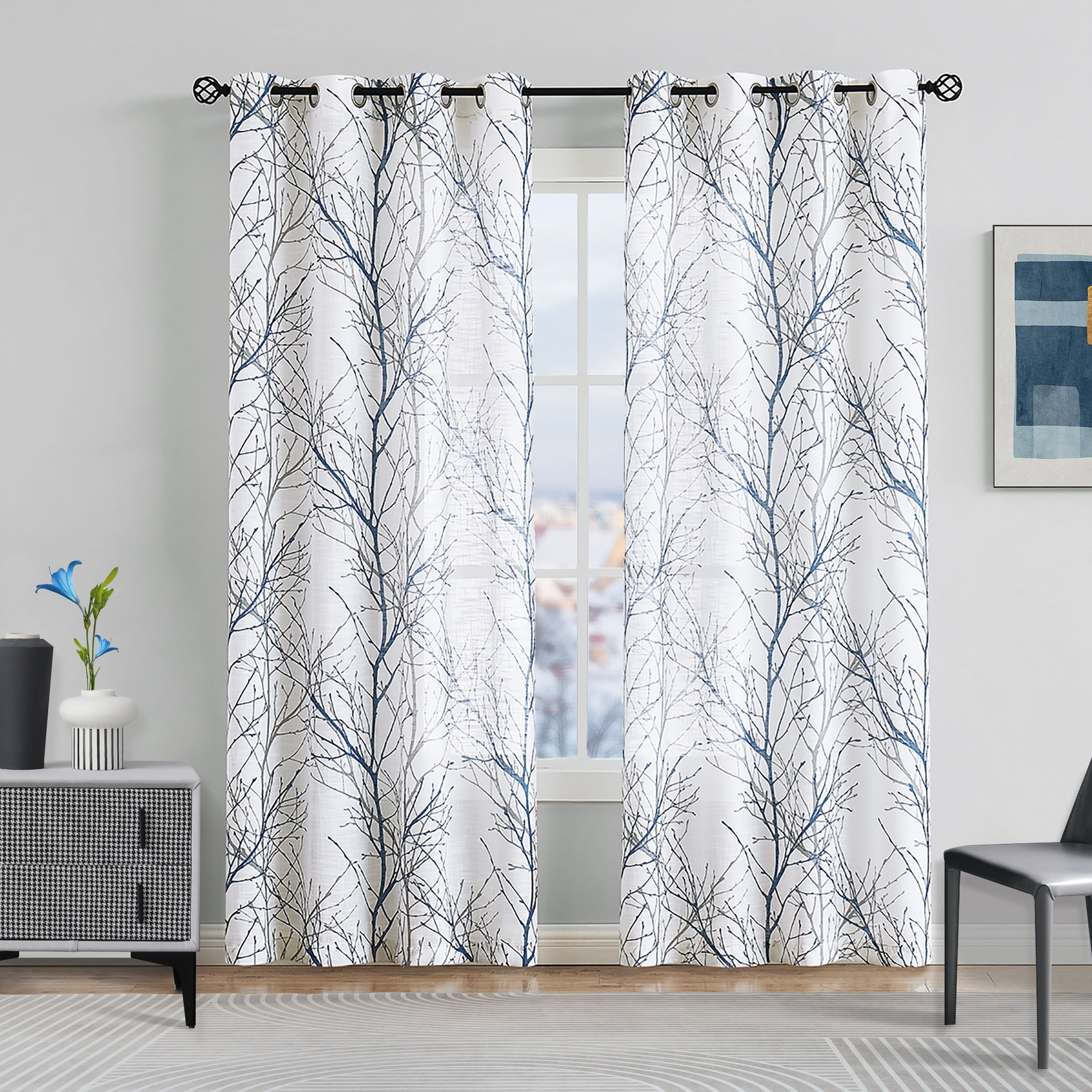 Decoultimatex Blue White Curtains 84" for Living Room Grey Tree
