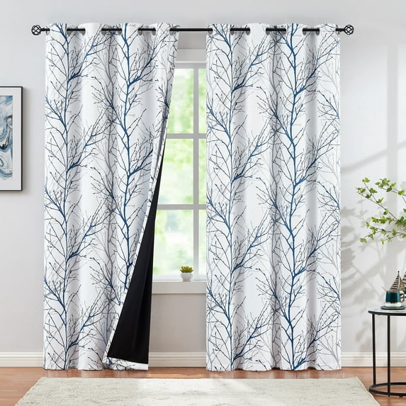 Decoultimatex Blue White Tree Blackout Window Curtain Panels for Bedroom Blue Gray Branch Energy Saving Drapes for Living Room, Grommet, 52"x84"x2