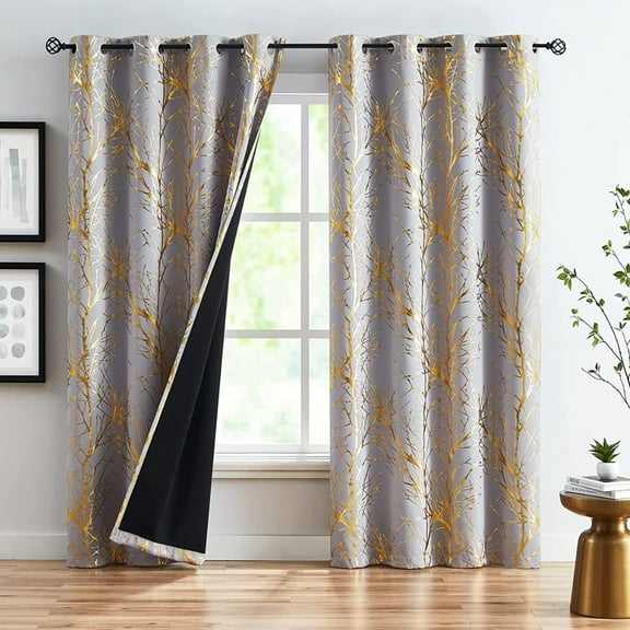 Decoultimatex Gold Gray Tree Branch Metallic Print Blackout Window Curtain Panels for Living Room Bedroom Noise Reduction Drapes, Grommet Top, 50"x 63"x 2