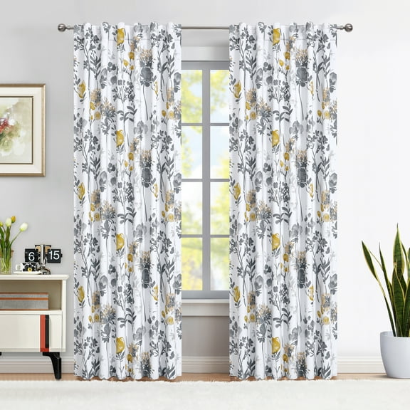 Decoultimatex Gray Yellow Floral 100% Blackout Window Curtain Panels for Bedroom Living Room Noise Reduction Energy Efficient Rod Pocket Drapes, 52"x 63"x 2