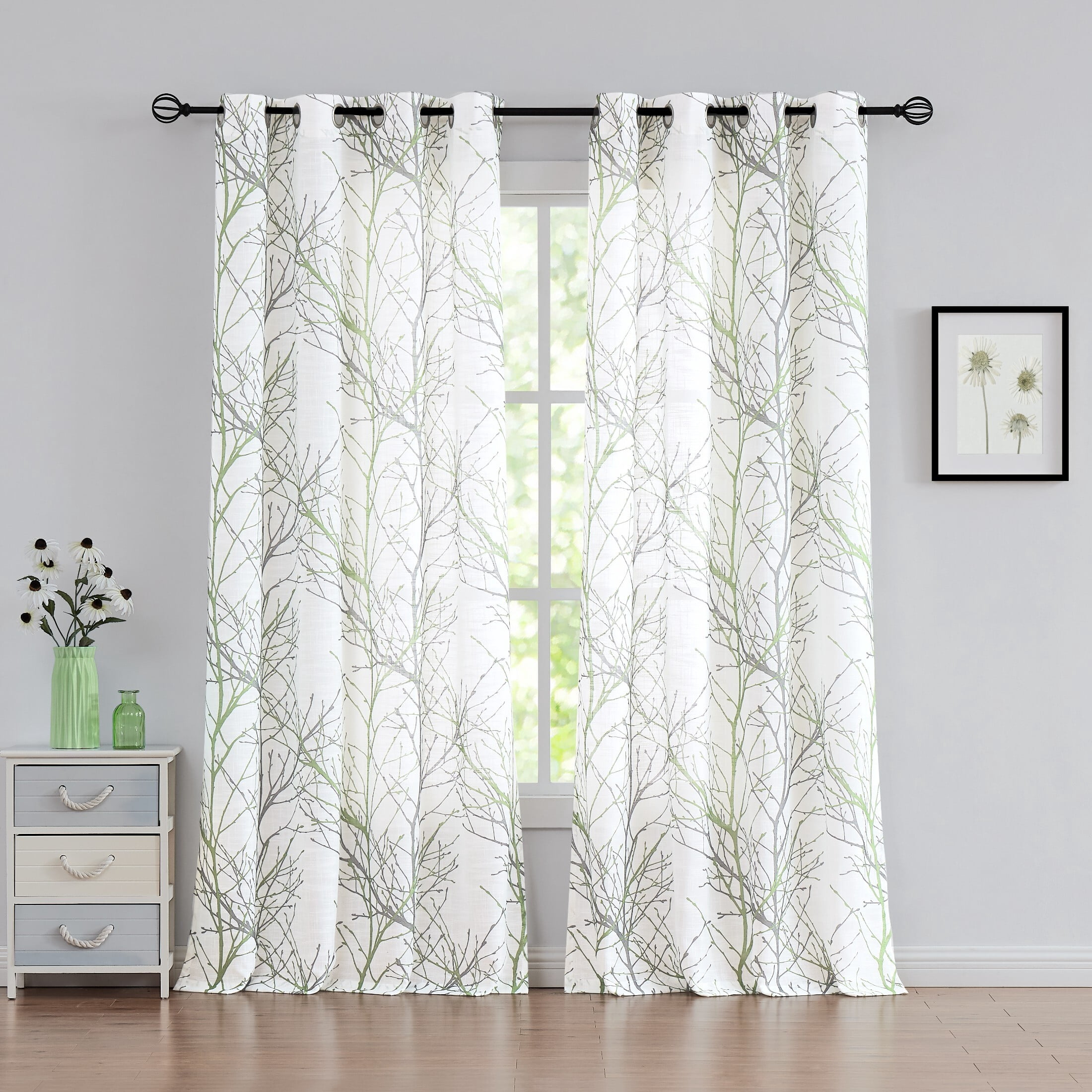 Decoultimatex Green White Curtains 84" for Living Room Grey Tree ...