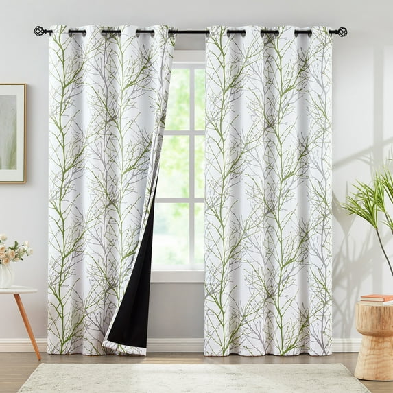 Decoultimatex Green White Tree Blackout Curtains for Living Room Noise Reducing Grey Curtains, 52" x 63" (2 Panels )