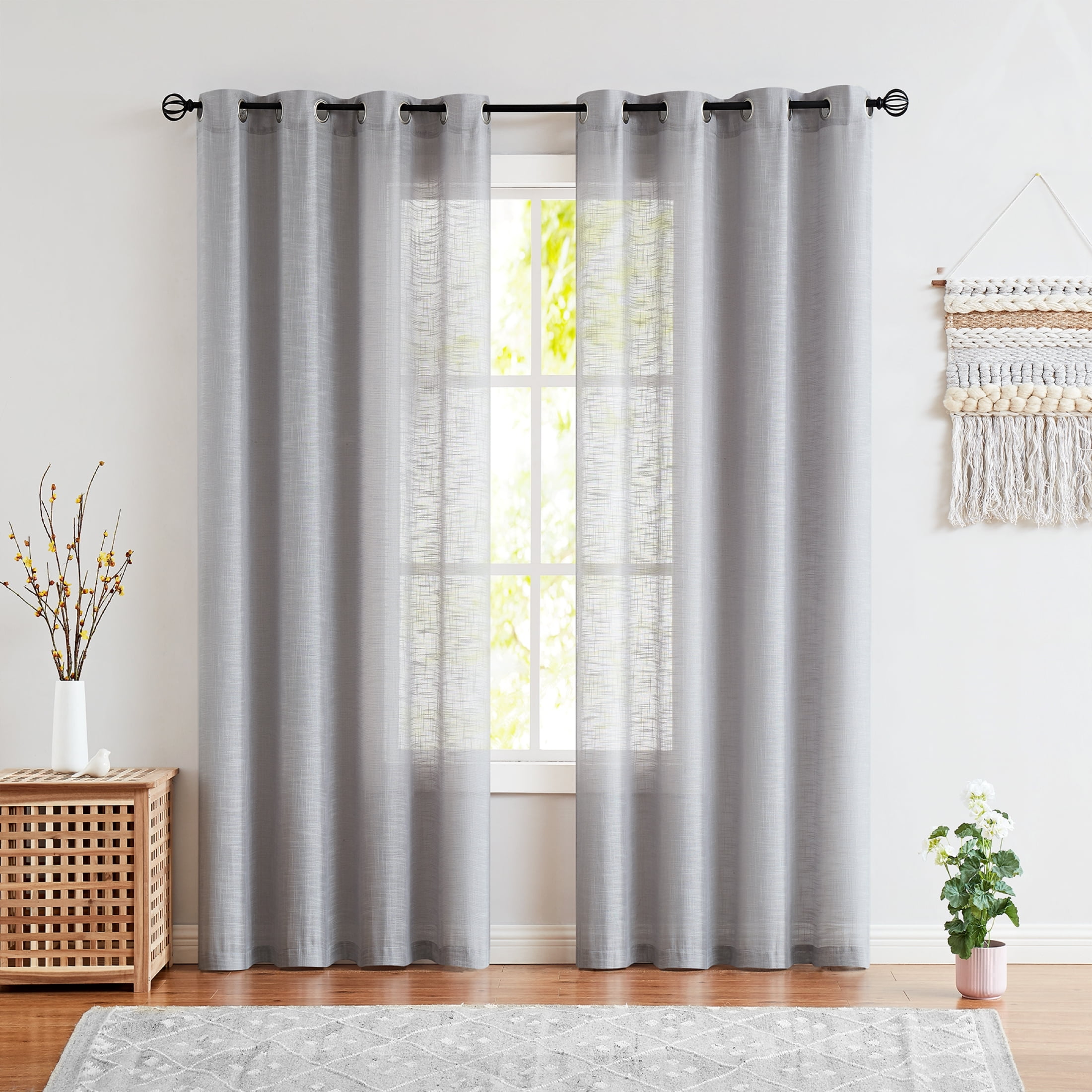 Decoultimatex Grey Semi Sheer Window Curtain Rich Linen Textured Drapes 52"W x63"L 2 Panels Grommet Top