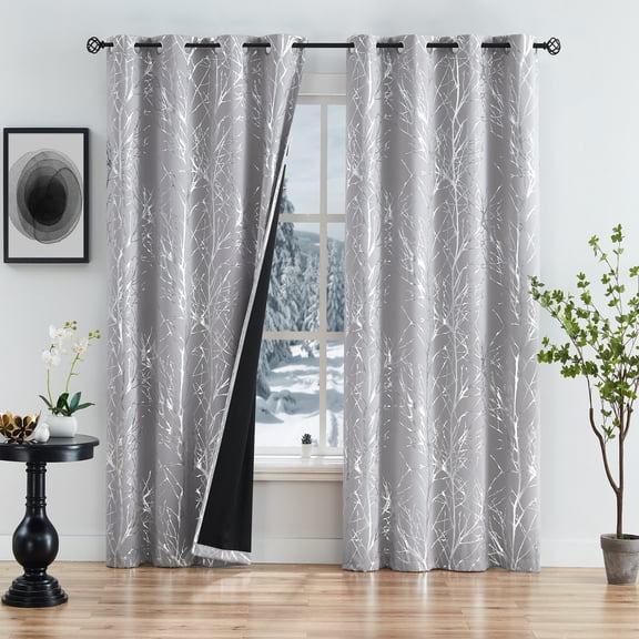 Decoultimatex Silver Gray Tree Branch Metallic Blackout Window Curtain Panel Light Blocking Noise Reduction Drapes, Grommet Top, 50"x 96"x 2