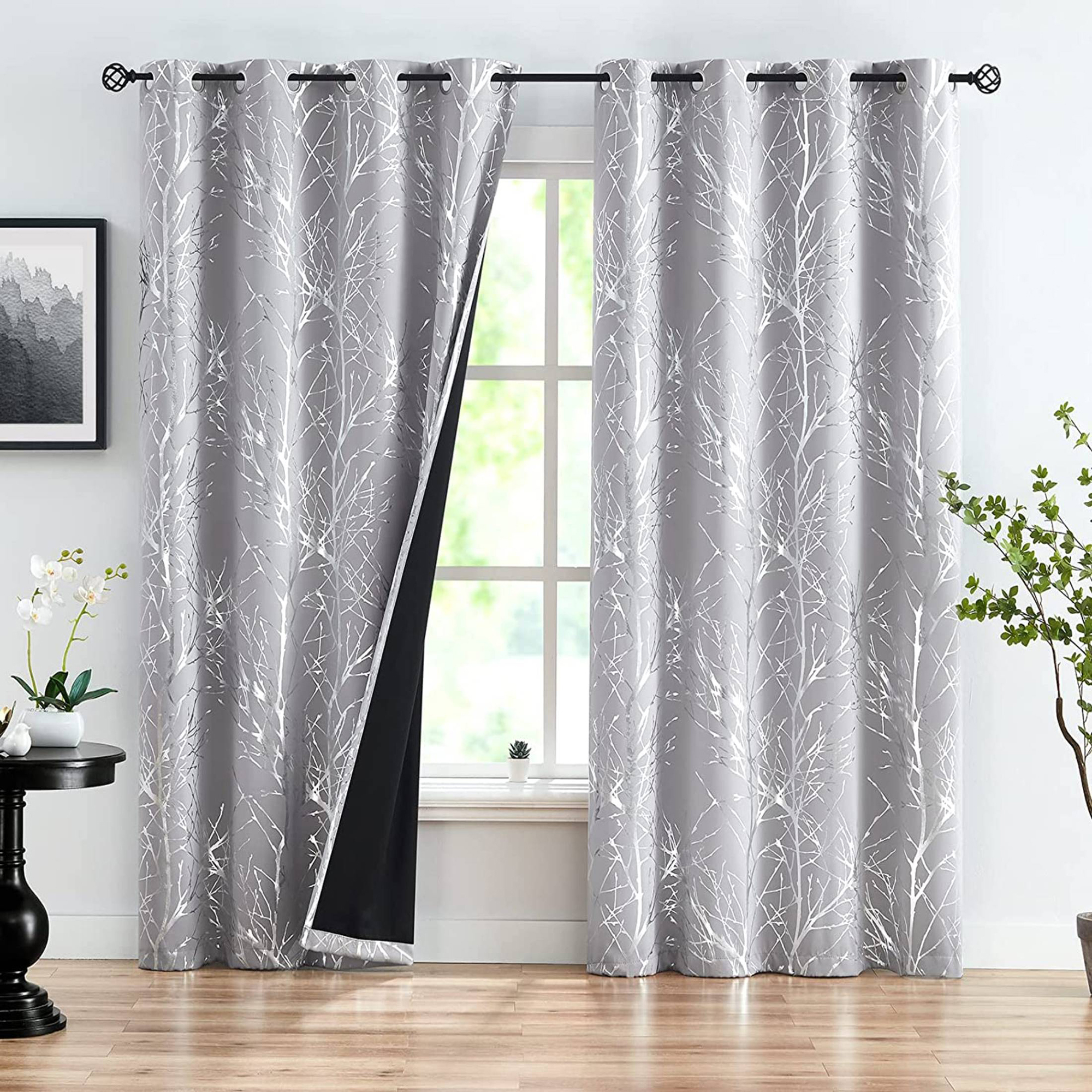 Decoultimatex Silver Gray Tree Branch Metallic Blackout Window Curtain