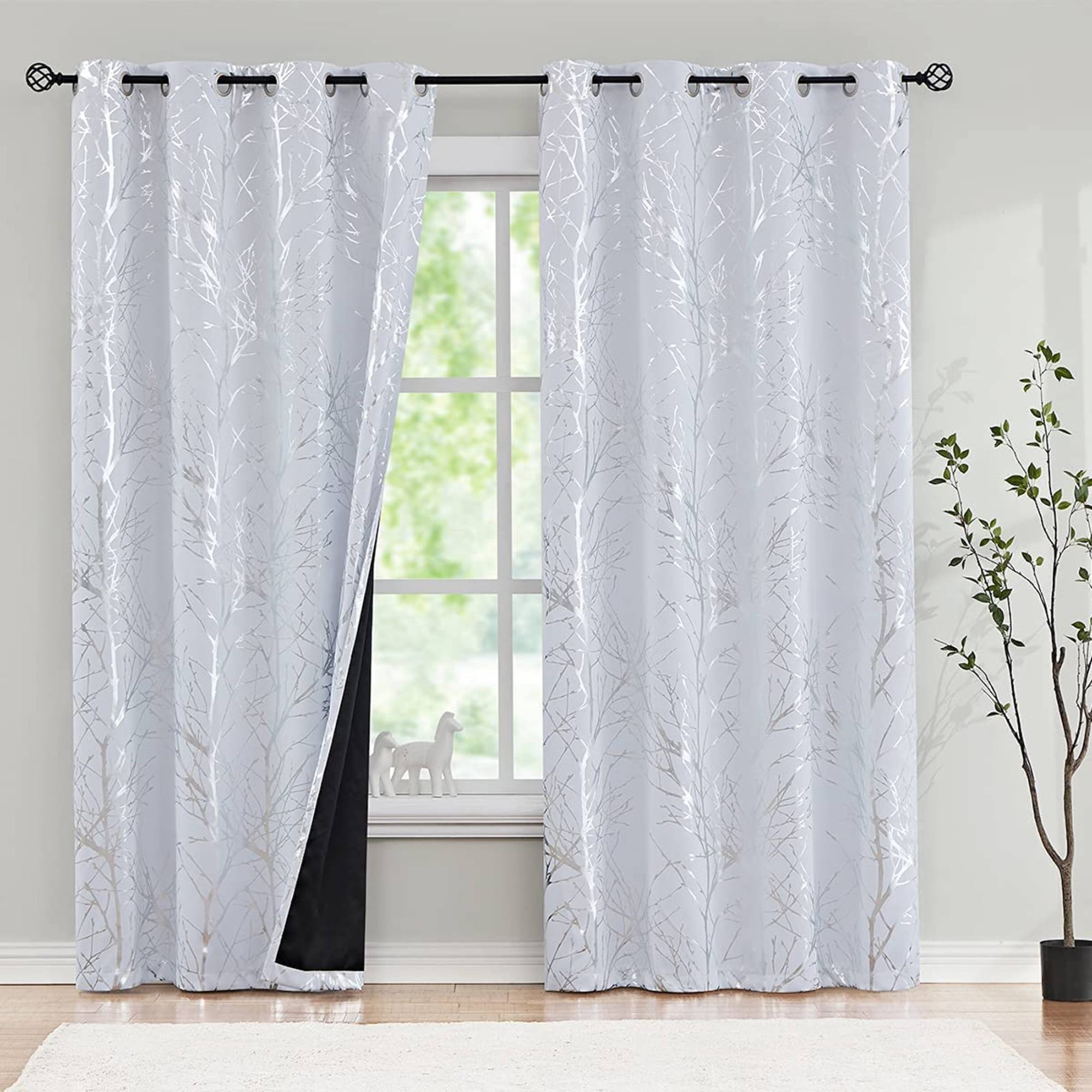 Decoultimatex Silver White Tree Branch Metallic Blackout Window Curtain Panel Light Blocking Noise Reduction Drapes, Grommet Top, 50"x 96"x 2