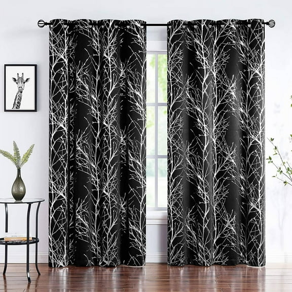 Decoultimatex Tree Branch Blackout Window Curtain Panels Black Silver Metallic Print Room Darkening Window Drapes for Bedroom Office, Grommet Top, 50"x 63"x 2