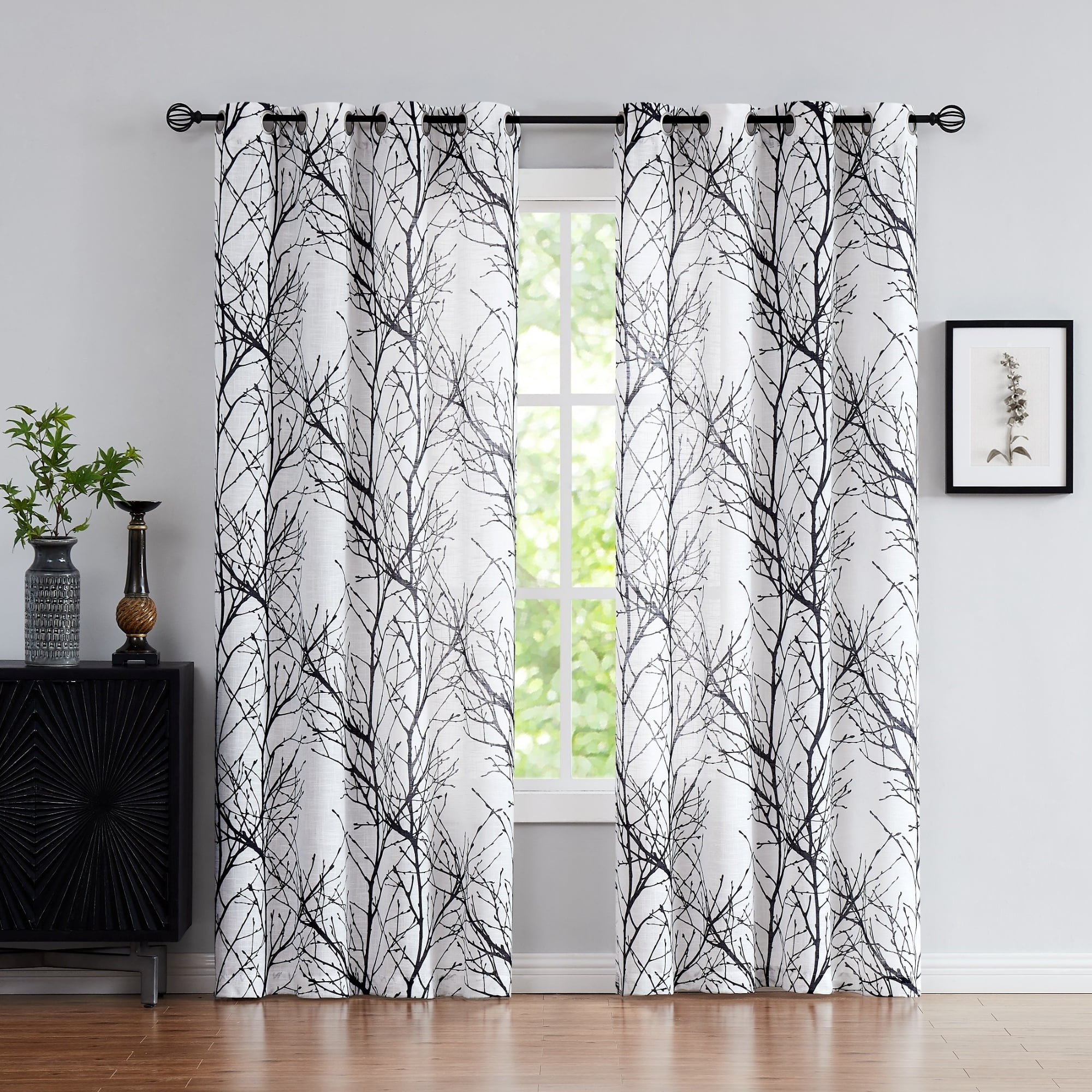 Decoultimatex White Semi Sheer Curtains Black and Grey Branches Printing on Linen Textured White Window Treatment Panels for Living Room Bedroom Drapes, 50"x96"x2