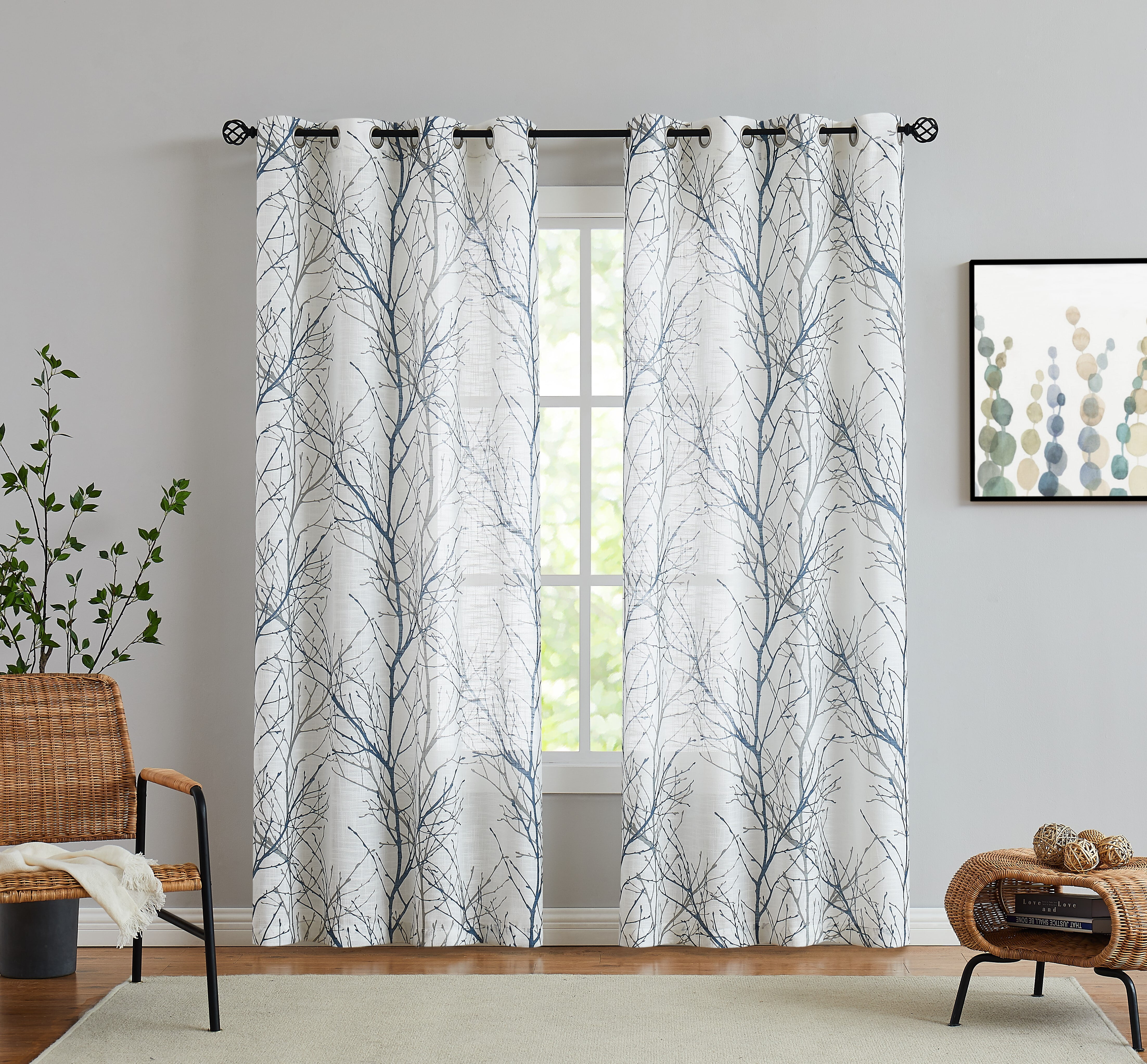 Decoultimatex White Semi Sheer Curtains for Living Room With Blue Grey Branches Printing on Linen Textured White Window Treatment Panels for Bedroom Drapes, 50"x96"x2