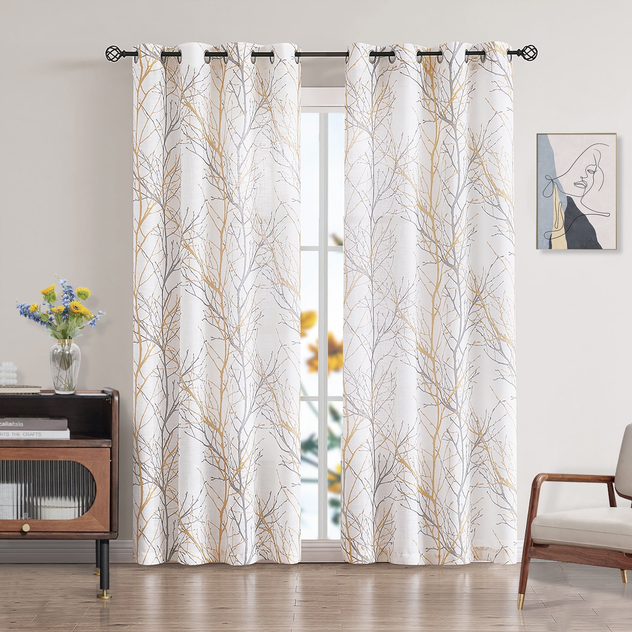 Decoultimatex White Semi Sheer Curtains Yellow Grey Branches Printing on Linen Textured White Window Treatment Panels for Living Room Bedroom Drapes, 50"x96"x2