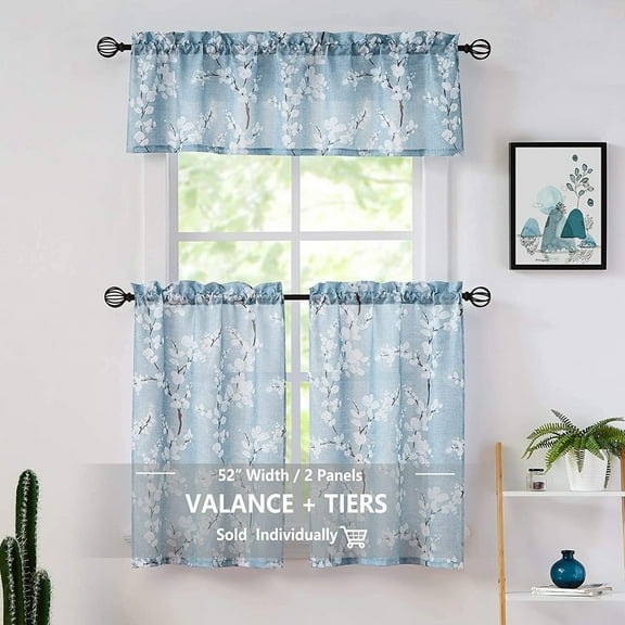 Decoultimatex Window Valance Curtains Living Room Blue-White Blossom Print Country Style Canvas Floral Kitchen Valance for Small Bathroom Café Windows 54”W x 15” L 1 Panel Rod Pocket