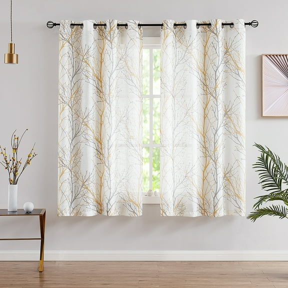 Decoultimatex Yellow Gray Semi Sheer Window Curtain Panels Tree Branch Print Linen Textured Sheer Window Drapes for Living Room Bedroom, Grommet, 52"x63"x2