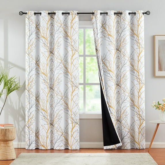 Decoultimatex Yellow White Tree Blackout Curtains for Living Room 63” Long Yellow Grey Branch Noise Reducing Curtain Drapes, 2pcs Grommet Top