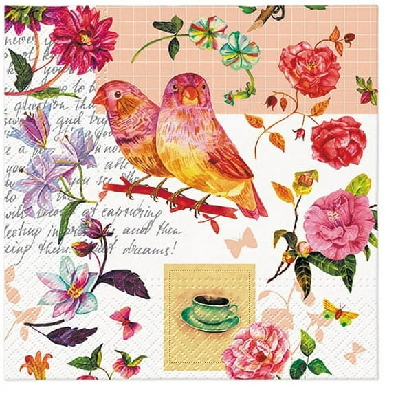 Decoupage Bird Napkins FLORAL POETRY 40pcs Lunch Napkins, Bird Paper Napkins, Decoupage Paper Napkins, Rose Napkins for Decoupage, Decoupage Napkins, Vintage Script Napkins