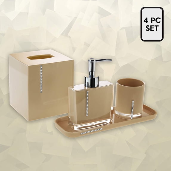Decozen Bath Accessories Set, Crystal Beige Acrylic Bathroom Tumbler Bath Lotion Dispenser Square Tray Tissue Box Bathroom Decor Accessory Set of 4 Piece