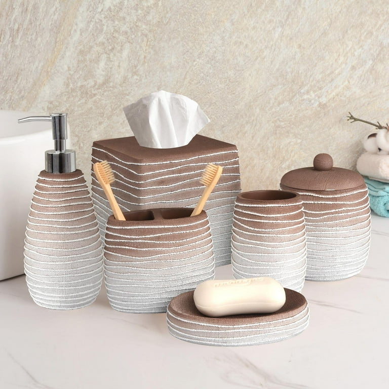Decozen Bathroom Accessories Set of 6 Includes Soap Lotion Dispenser Tooth Brush Holder Soap Dish Tumbler Cotton Jar and Tissue Box White Brown
