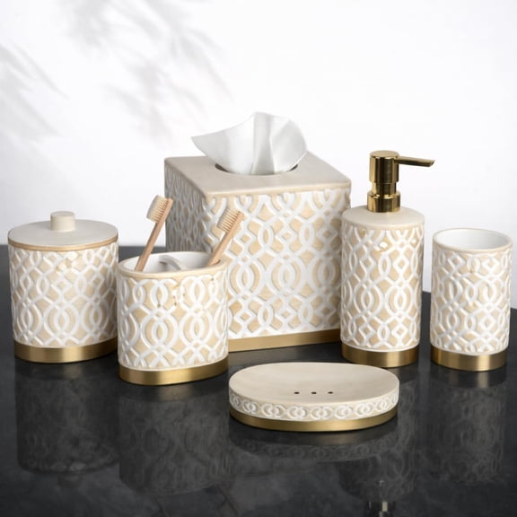 Decozen Bathroom Accessories Set of 6 Includes Soap Lotion Dispenser, Tooth Brush Holder, Soap Dish, Tumbler, Vanity Tray, and Tissue Box - White Gold
