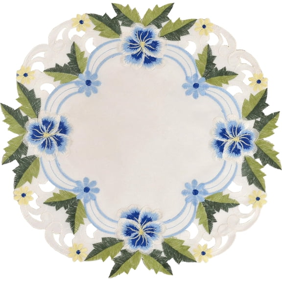 Decozen Blue or Green Lace White Doilies Set of 4 - Round Placemats European Embroidery for Dining Table Home Decor Wedding - 15 inches - The Eternal Grace Collection