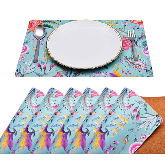 Decozen Cork Placemats Set of 6 for Dining Table, Table Placemats - Green Floral - Home Decor