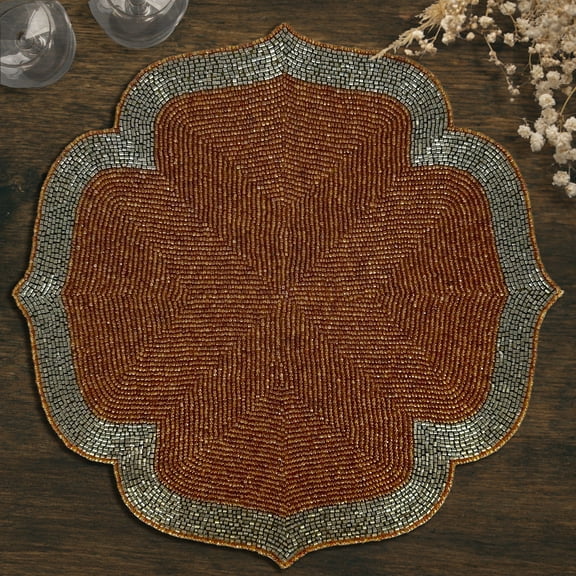 Decozen Burnt Orange and Silver Beaded Placemats for Dining Table - Set of 2-14 Inches for Kitchen Decor Scratch Heat Resistant Charger Durable Tablemats