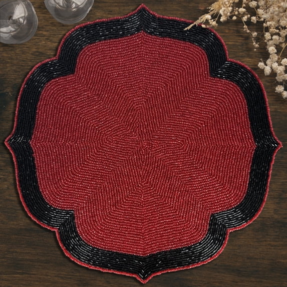 Decozen Deep Red and Black Beaded Placemats for Dining Table - Set of 6-14 Inches for Kitchen Decor Scratch Heat Resistant Charger Durable Tablemats