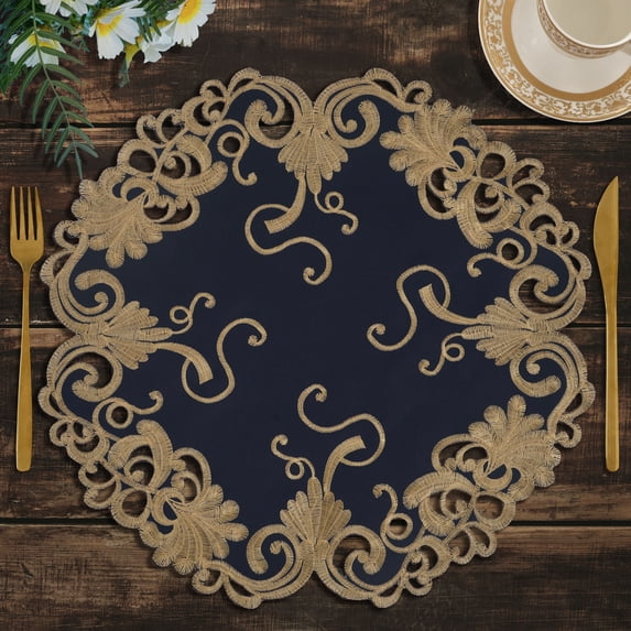 Decozen Gold Lace Blue Doilies Set of 12 - Round Placemats European Embroidery for Dining Table Home Decor Wedding - 15 inches - The Vintage Opulence Collection