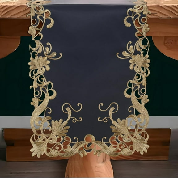 Decozen Gold Lace Blue Table Runner - Dresser Scarf European Embroidery - Perfect for Kitchen Dining Room Home Decor Wedding Receptions - 14 x 108 inches - The Vintage Opulence Collection