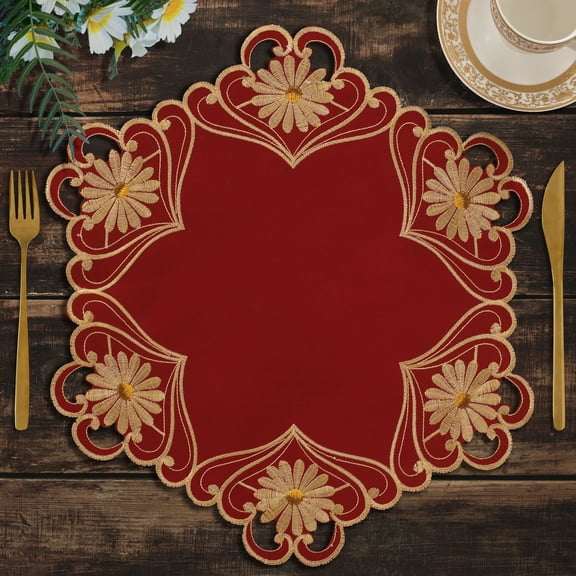 Decozen Gold Lace Red Doilies Set of 8 - Round Placemats European Embroidery for Dining Table Home Decor Wedding - 15 inches - The Imperial Red Collection