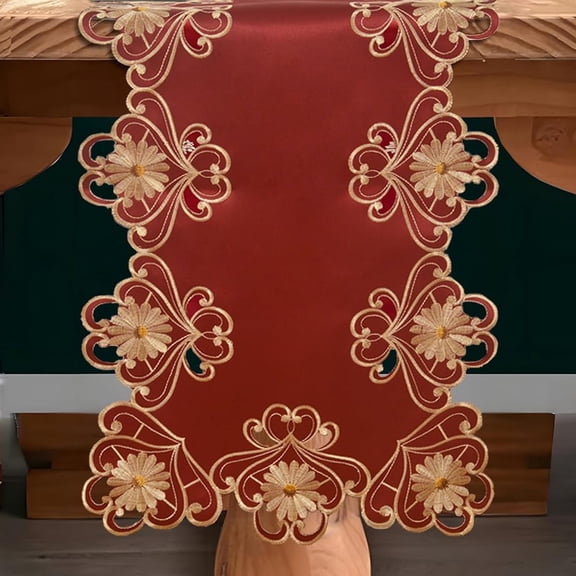 Decozen Gold Lace Red Table Runner - Dresser Scarf European Embroidery - Perfect for Kitchen Dining Room Home Decor Wedding Receptions - 14 x 108 inches - The Imperial Red Collection