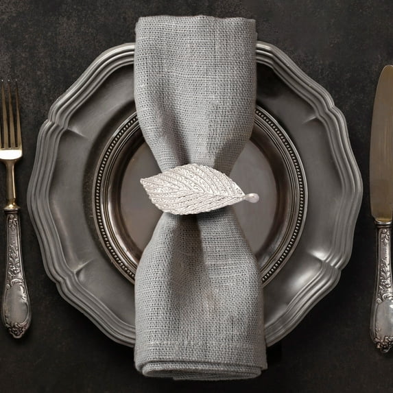 Decozen Napkin Rings Holder Set of 12 pcs in Silver - Leaf Design
