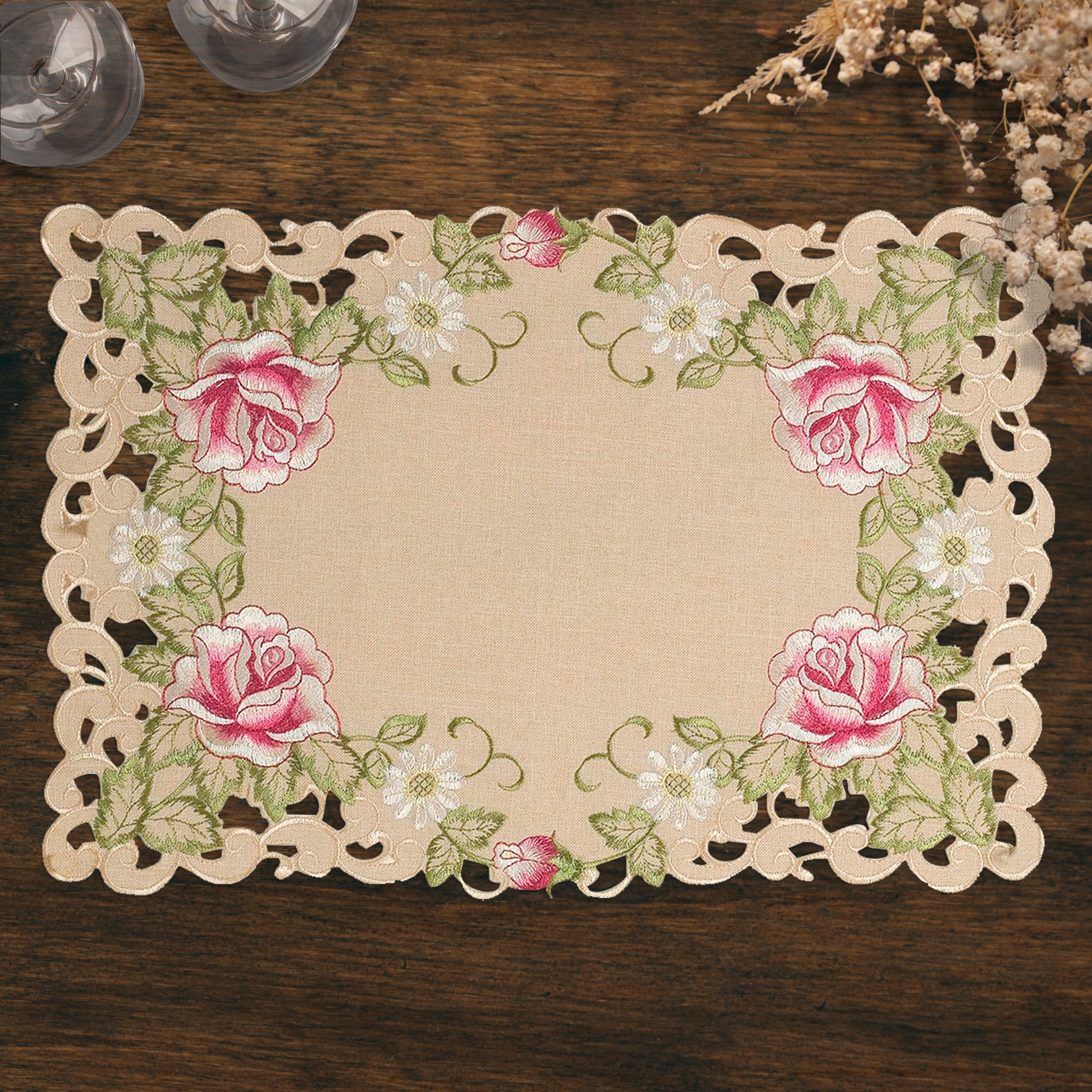 Beige Floral Embroidered Vinyl Placemats Set of 4