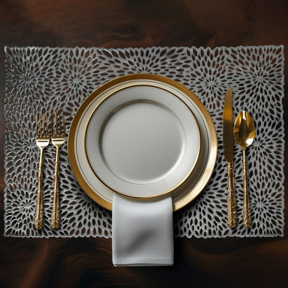 Decozen Placemats Set of 6 Plastic, Dining Table Placemats, Rectangular PVC Vinyl, 18"x12" - Silver