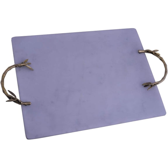 Decozen Serving Tray Marble Finished, Rectangular Tray with Bamboo Shaped Side Handles, 19.75x12x1.75 Inches - Large