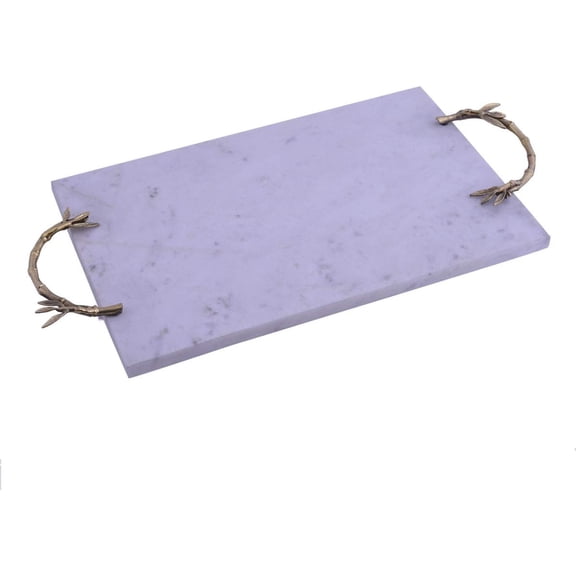 Decozen Serving Tray Marble Finished, Rectangular Tray with Bamboo Shaped Side Handles, 19x10x2 Inches - Large