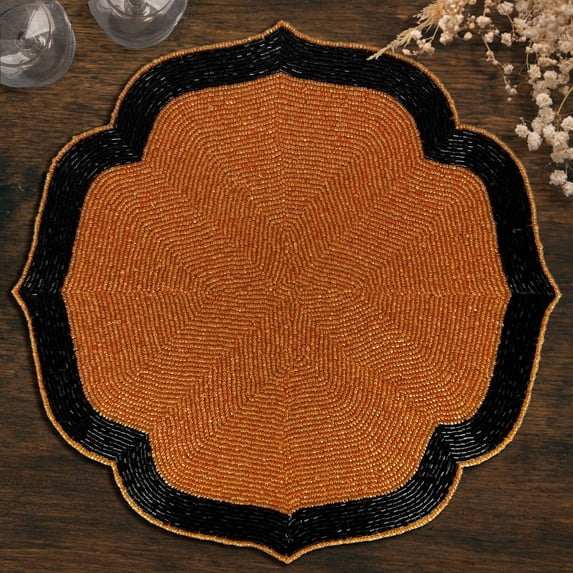 Decozen Warm Copper and Black Beaded Placemats for Dining Table - Set of 4-14 Inches for Kitchen Decor Scratch Heat Resistant Charger Durable Tablemats