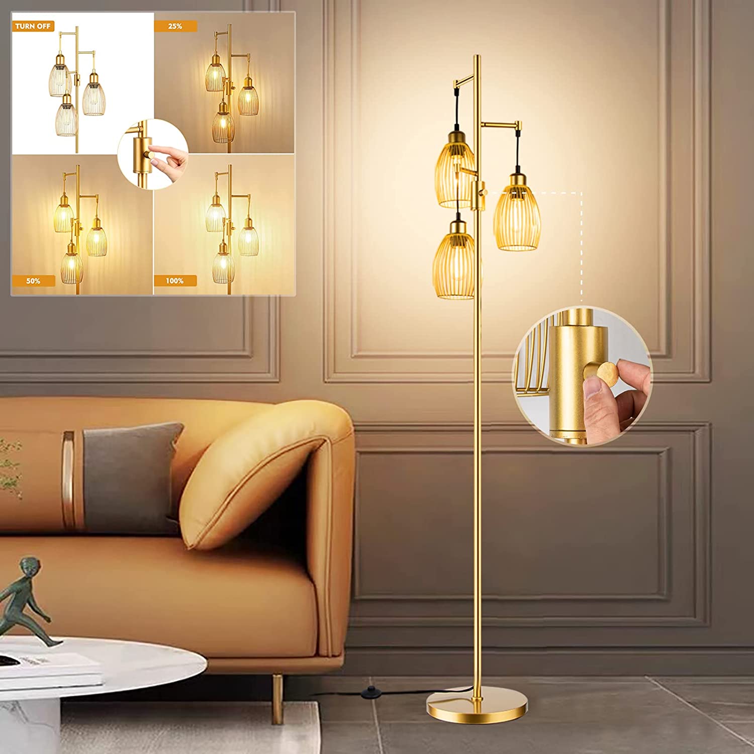 Decretive Gold Standing Lamp, 5100 Brightness Dimmable Brass Floor Lamp, Modern Gold Floor