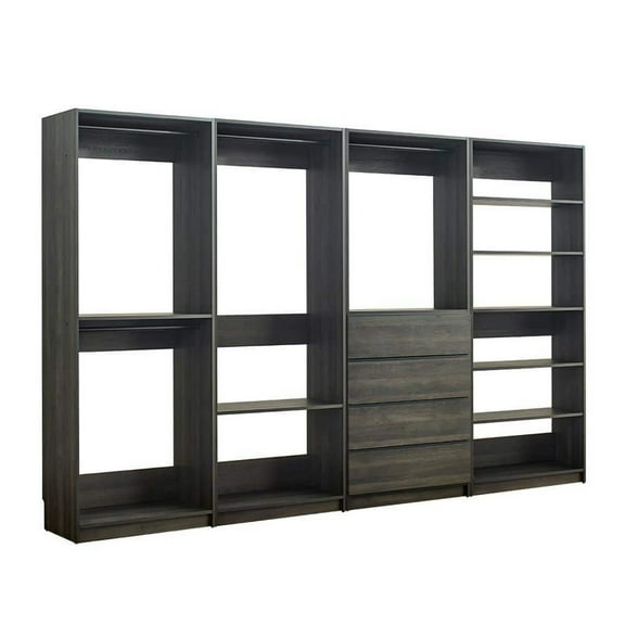 Dee Modular Closet System, 11 Shelf, 4 Hanging Rods, Gray Wood Finish