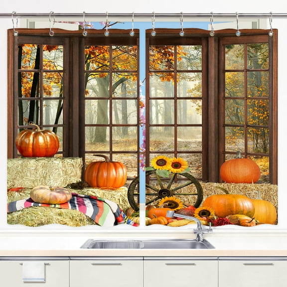 DeeCabin Autumn Fall Leaves Kitchen Curtains Rustic Farmhouse Pumpkin Trees Decor Window Drapes Curtains 2 Panels Set Fabric Window Treatment Sets With Hooks 56x45 Inches