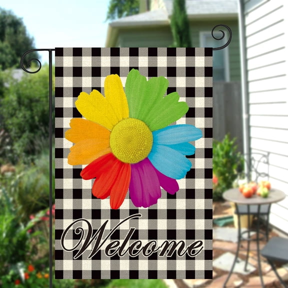 DeeCabin Welcome Rainbow Daisy Burlap Garden Flag, Buffalo Plaid Check Flower Decor Farmhouse Outside Spring Summer Decorations Outdoor Lawn Small Flags, Double Sided 12" X 18"