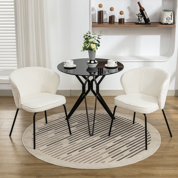 DeeHome 042-Set of 2 Boucle Fabric Dining Chairs With Black Metal Legs,Ivory