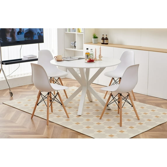 DeeHome 1+4,5pieces dining set,42.1"WHITE Table cross leg Mid-century Dining Table for 4-6 people With Round Mdf Table Top, Pedestal Dining Table, End Table Leisure Coffee Table