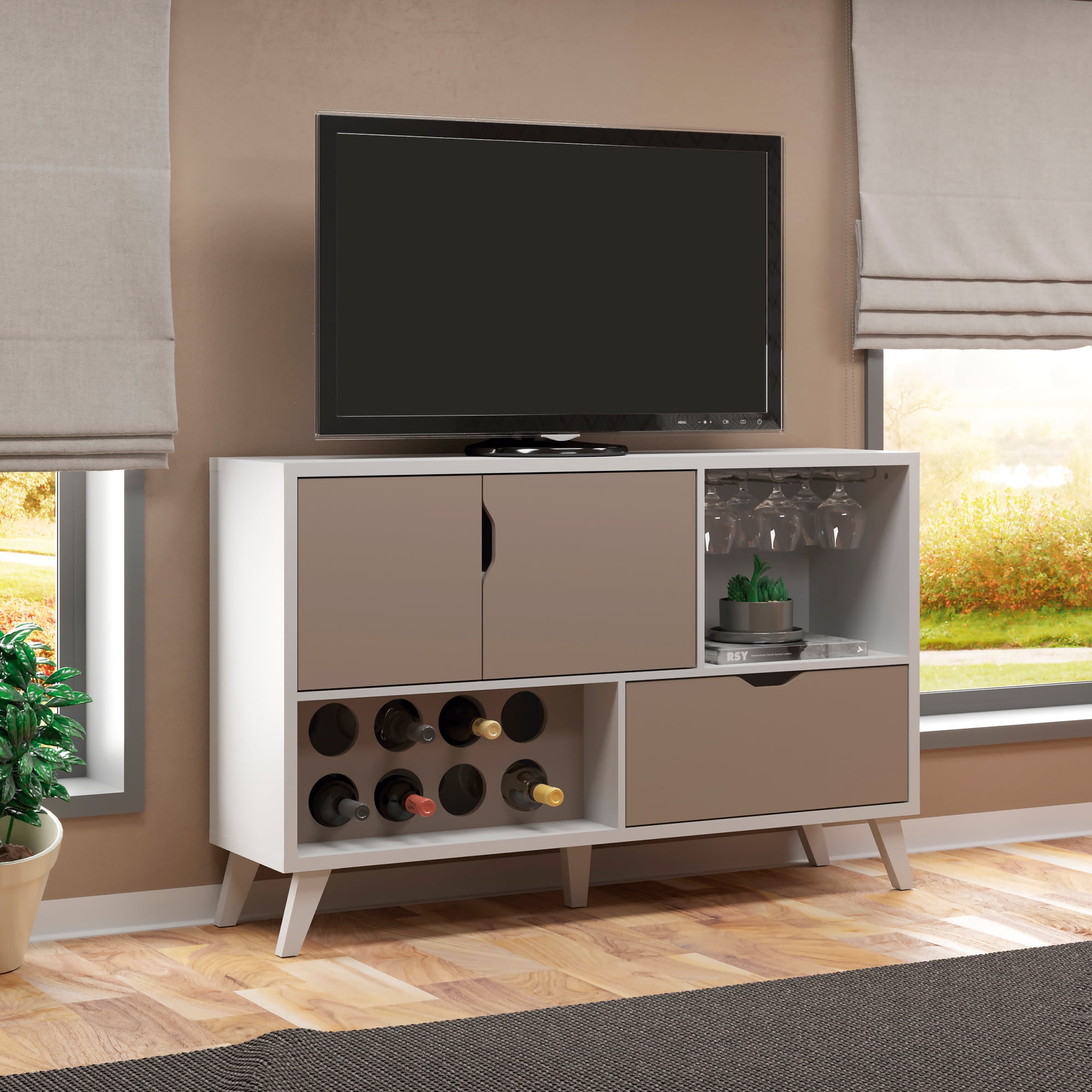 54 Inch White and Gray TV Stand with Wine Rack and Cabinet