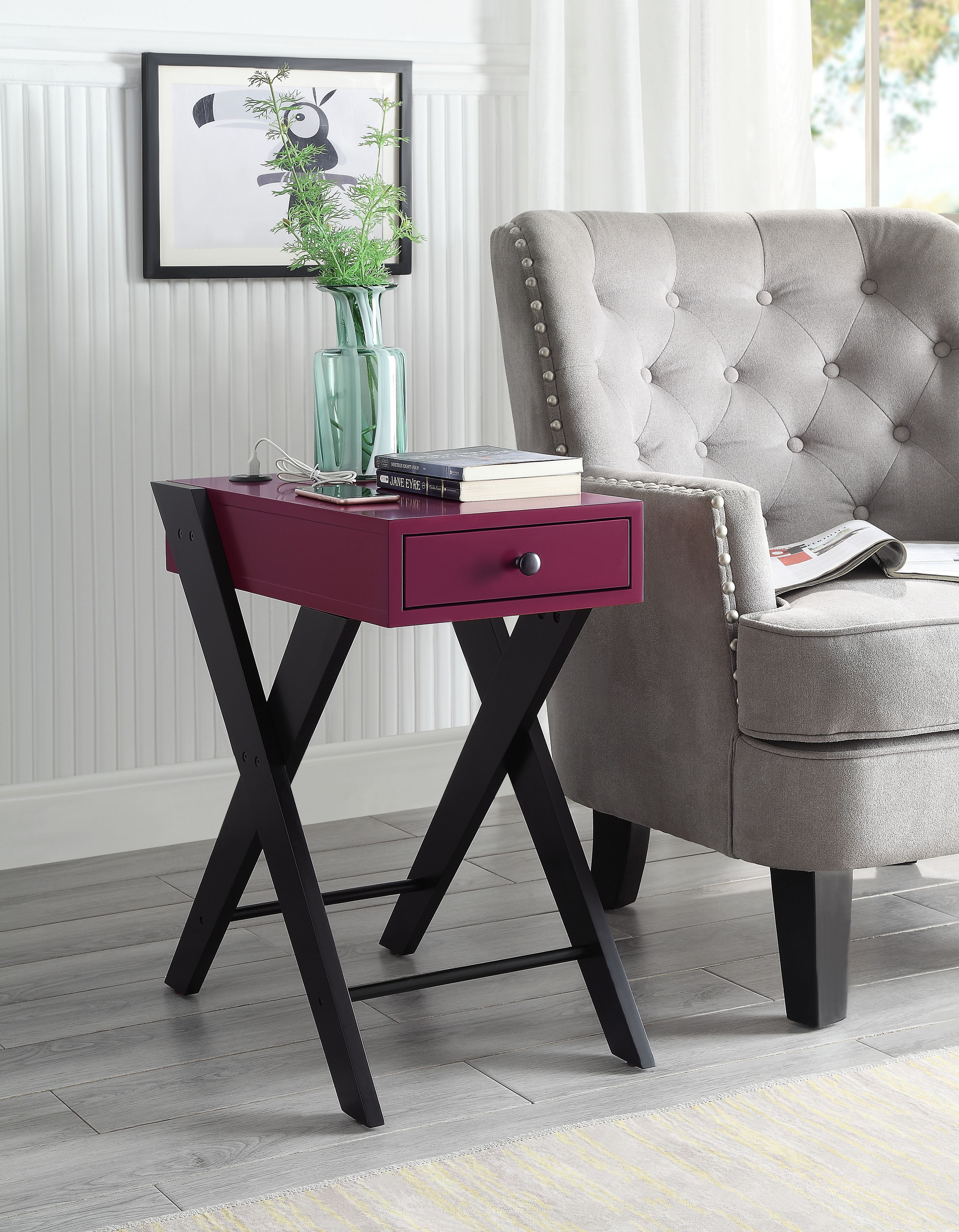 Burgundy Rectangular Side Table with USB Charging Dock and Storage