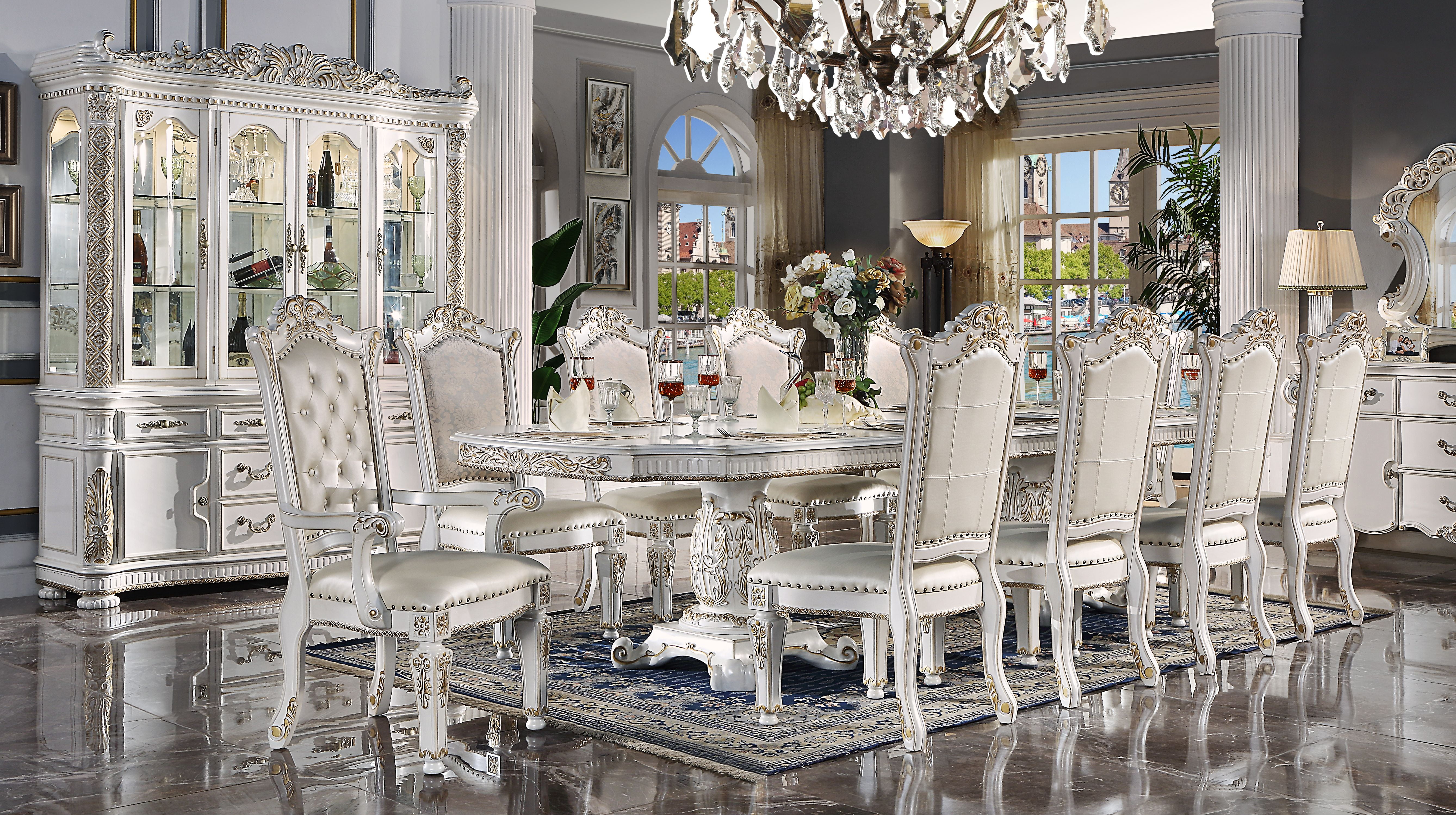 136" Antique Pearl Double Pedestal Extendable Dining Table