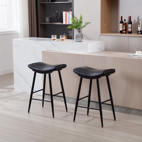 DeeHome Bar Stools Set of 2 Armless Counter Low Bar Stools Without Back Modern PU Leather Stools with Metal Leg and Footrest ,Black