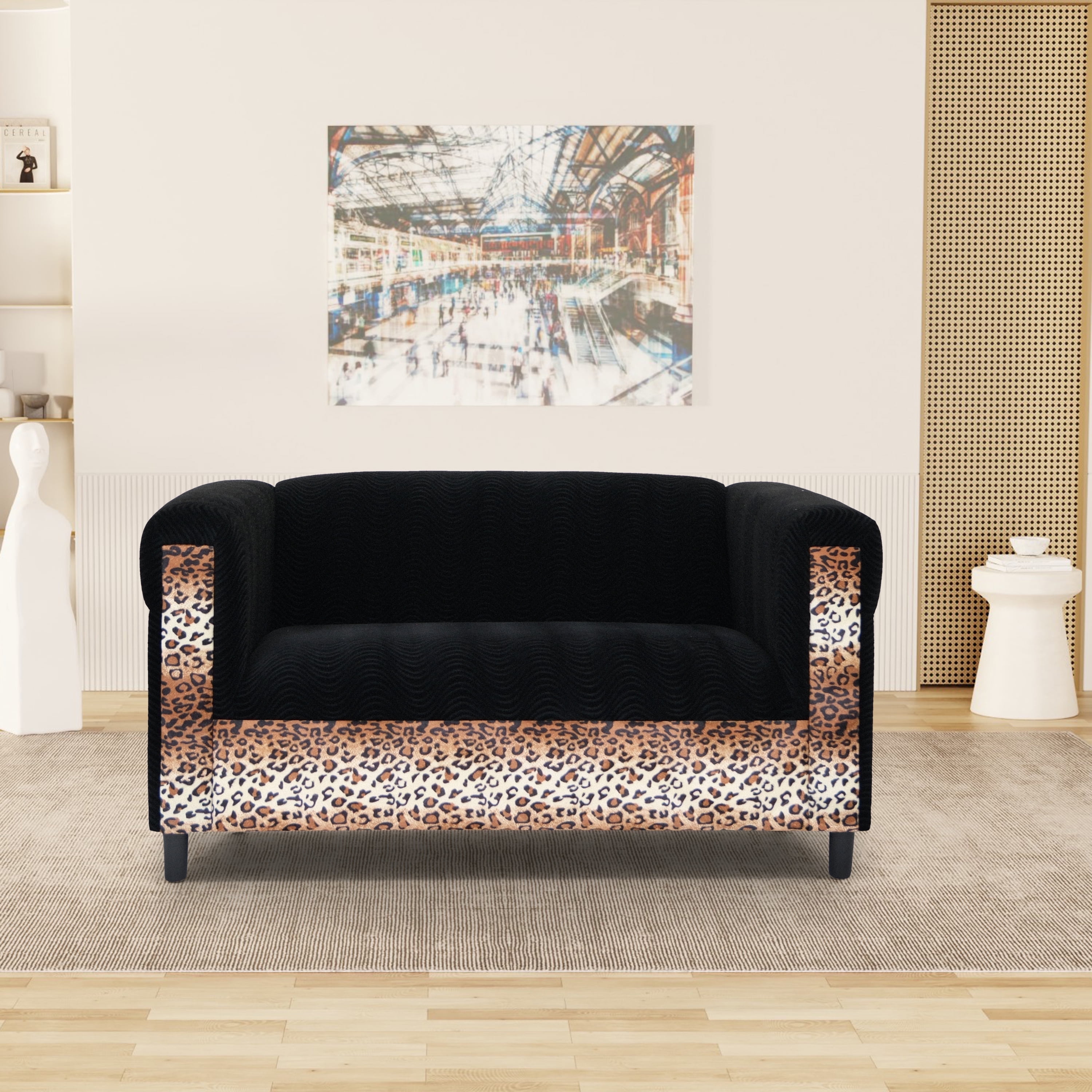 DeeHome Black Velvet Loveseat Sofa for Living Room with Leopard Print, Modern Décor Love Seat Mini Small Couches for Small Spaces and Bedroom with Solid Wood Frame