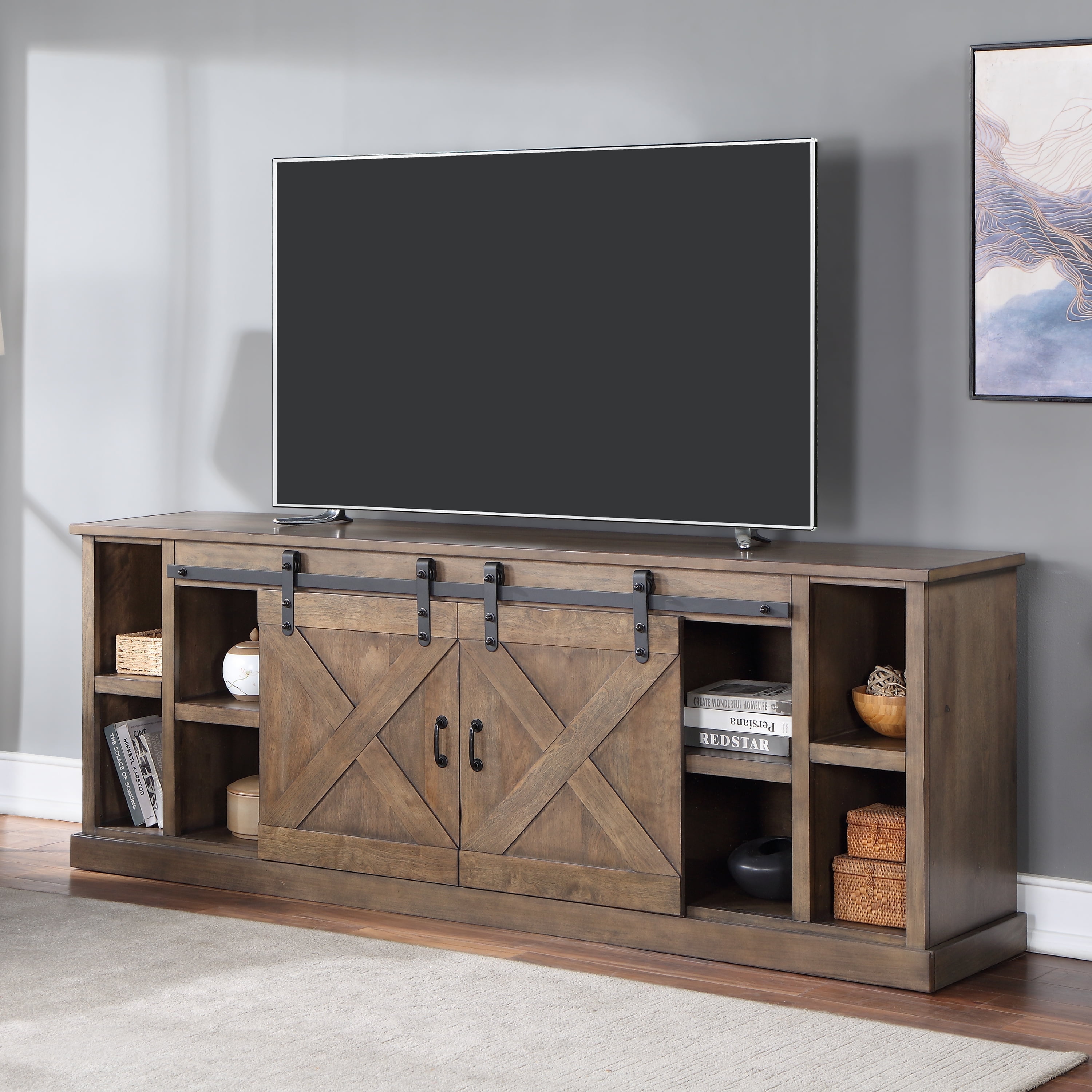 Barnwood 85 Inch Farmhouse TV Stand with Sliding Doors