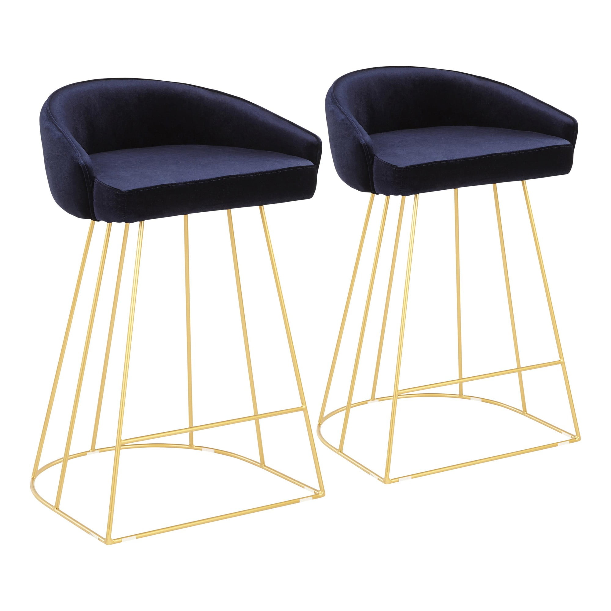 Indigo Blue Velvet and Gold Metal Counter Stools, Set of 2